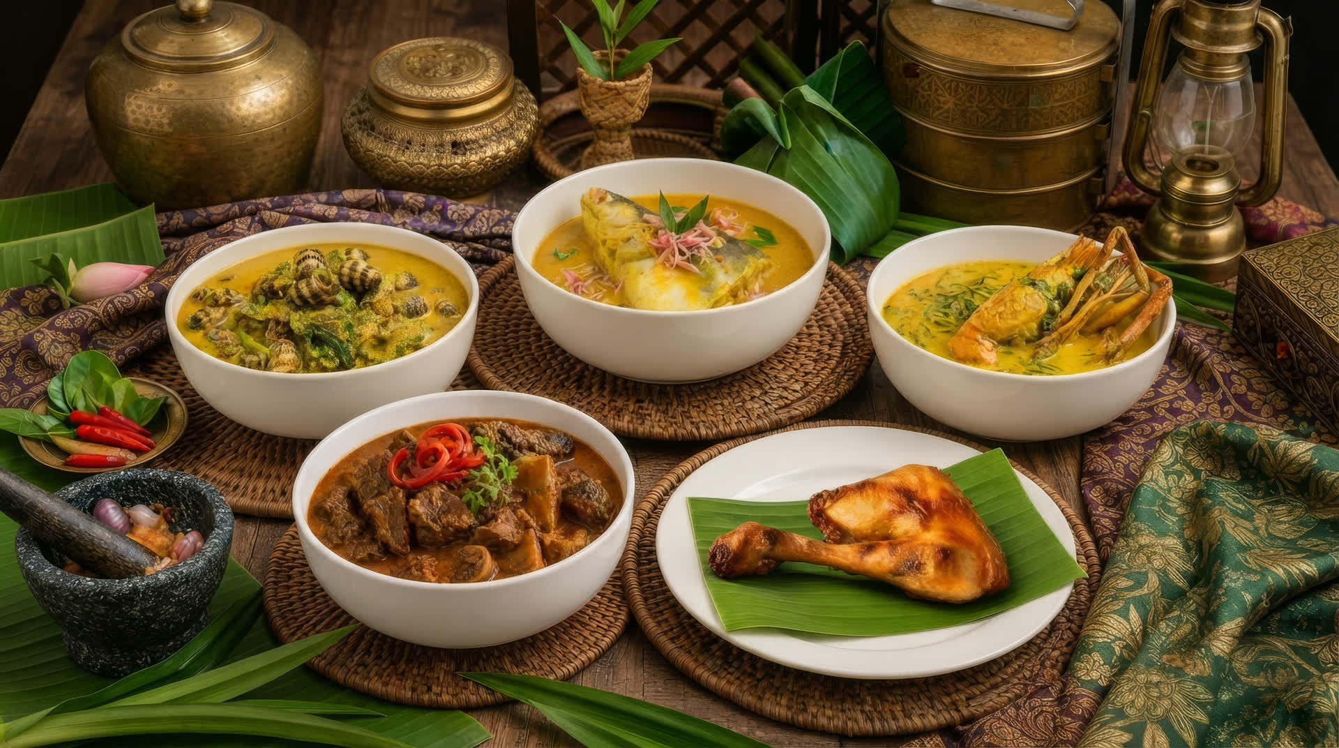 A heritage spread of ayam kampung dishes, gulai and golden lemak curries on a rustic kampung table