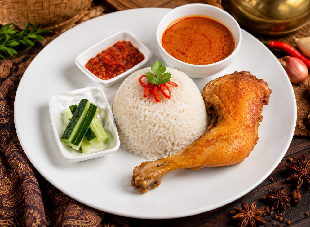 Set Ayam Kampung with golden fried ayam kampung leg, rice, sambal and gulai kawah