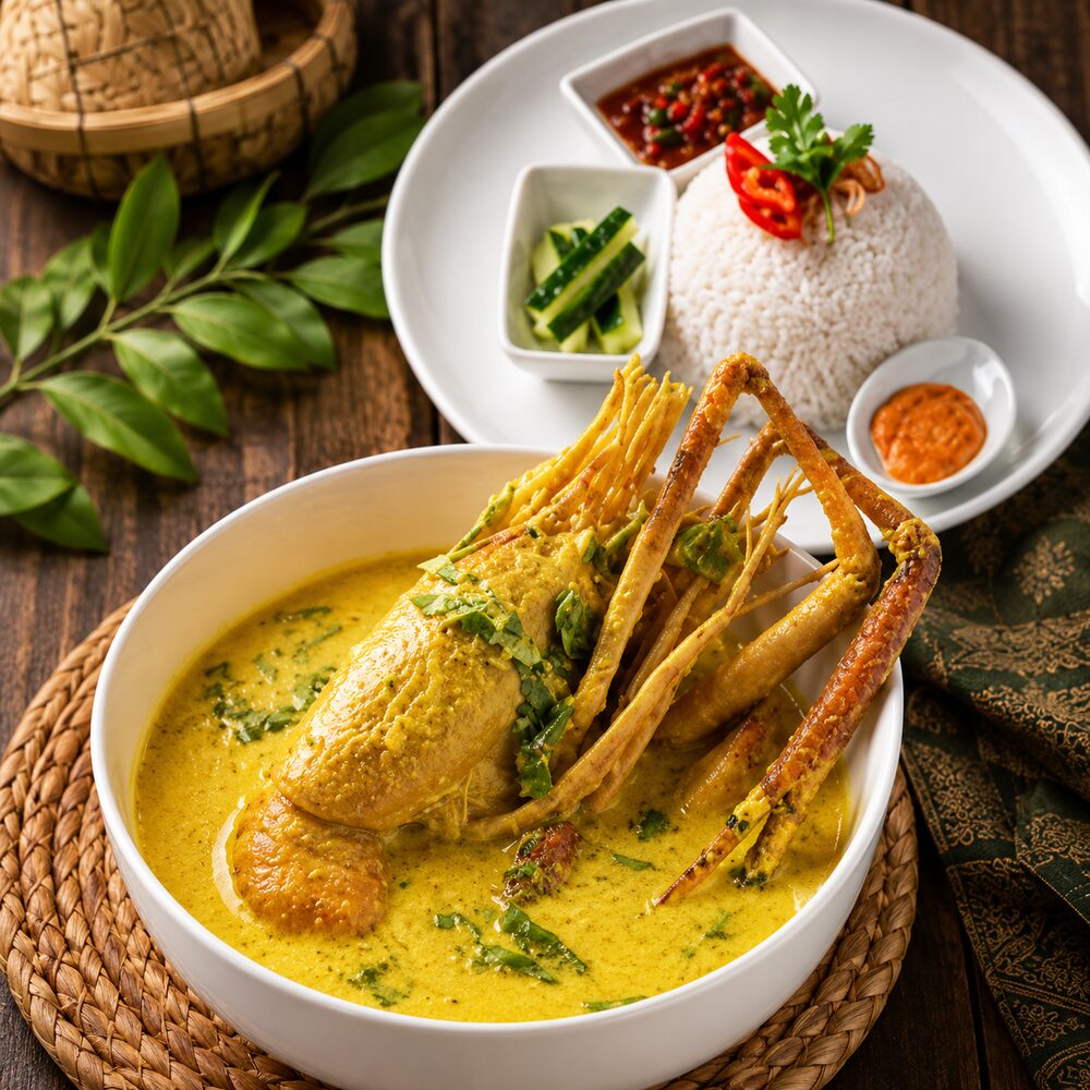 Set Udang Galah XXL, giant river prawn in golden lemak gravy with rice